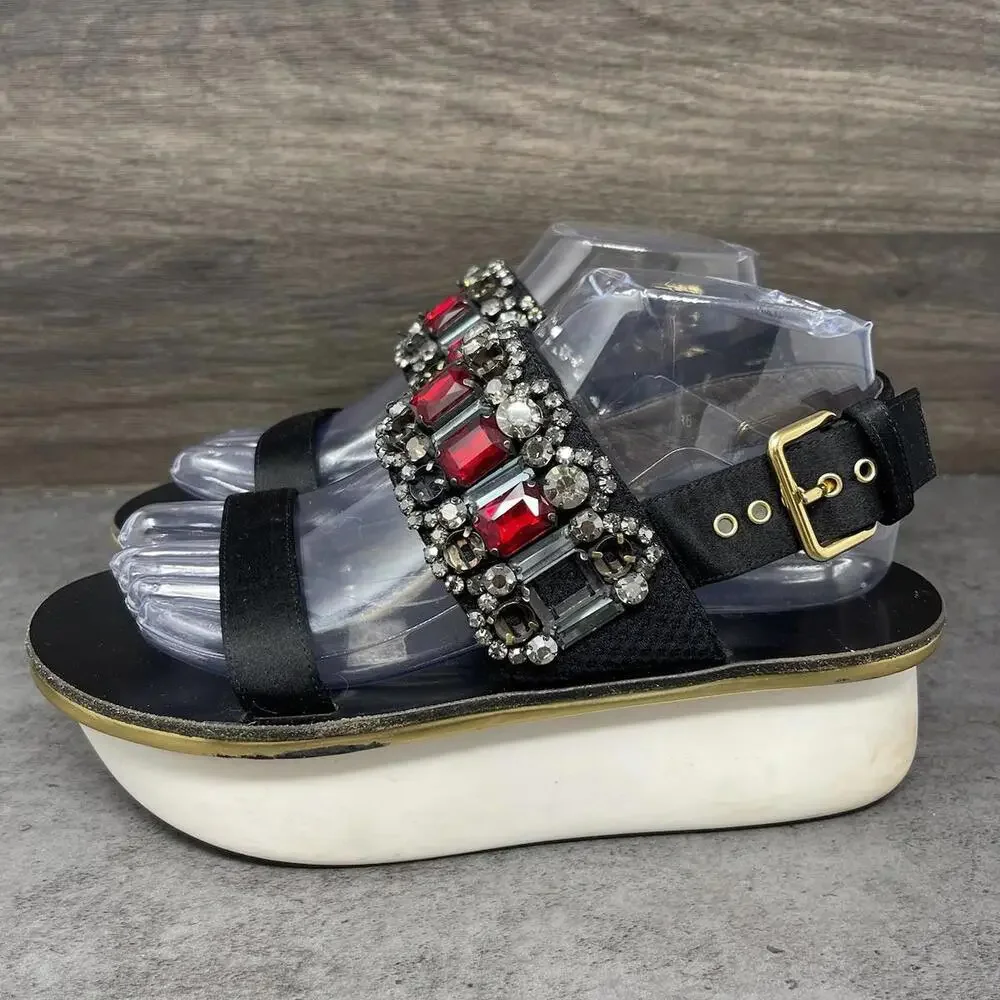 MARNI Jeweled Platform Sandals Womens Size 7 (38) Black Leather Satin